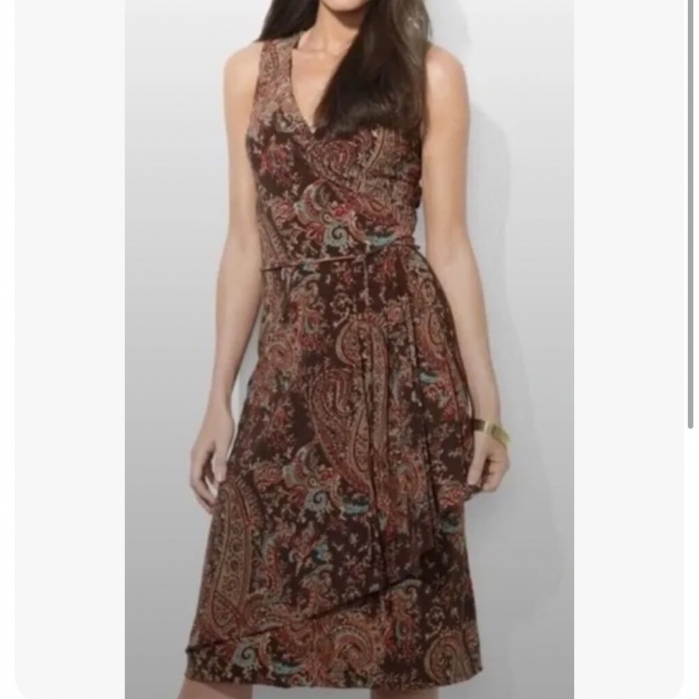 Ralph Lauren Womens Bright Brown Paisley Faux Wrap Dress Sz Small Petite…